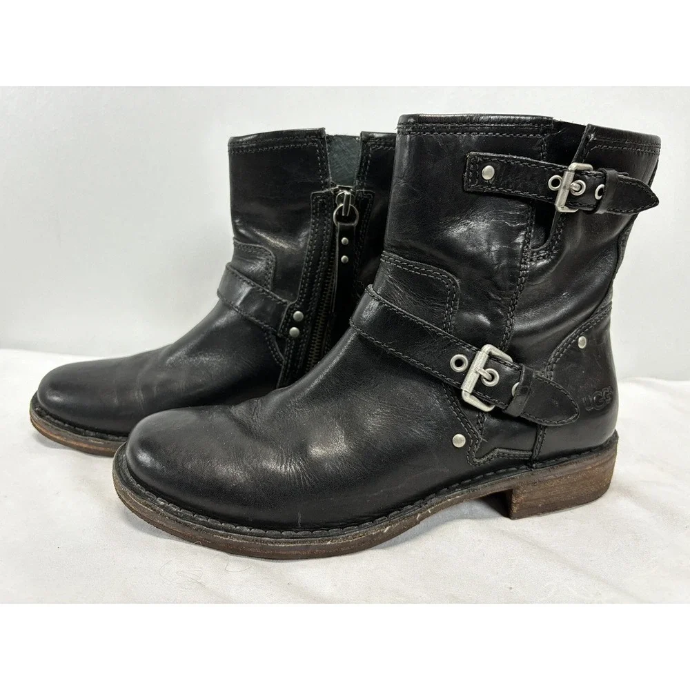UGG Australia Fabrizia Black Leather Moto Combat Boots Women 7.5 Sheepskin Lined